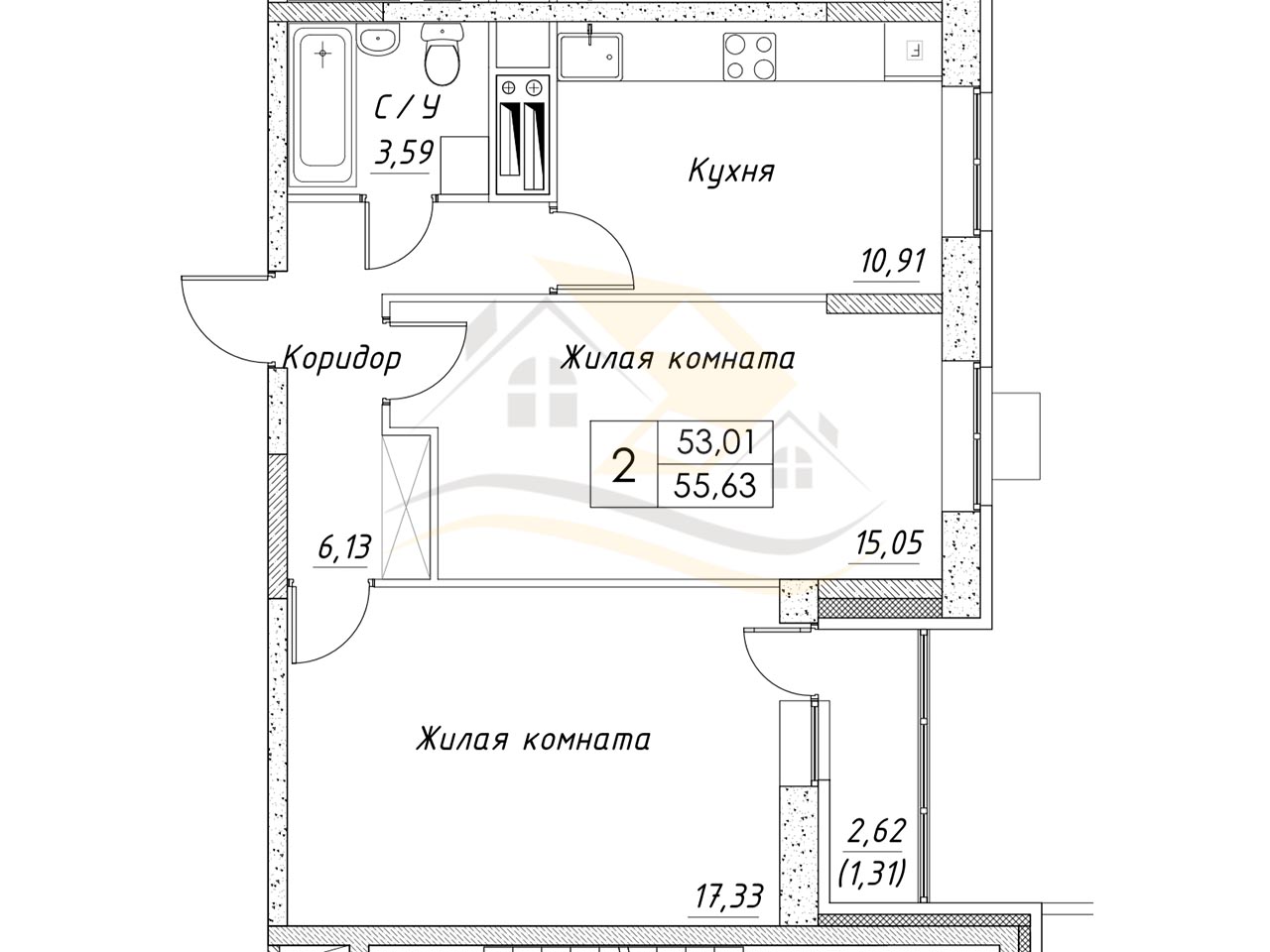 2-х комнатная квартира 55.6 кв. м. в строящемся 14-ти этажном доме ЖК «Шоколад» / 6070000 руб. / КварталСити