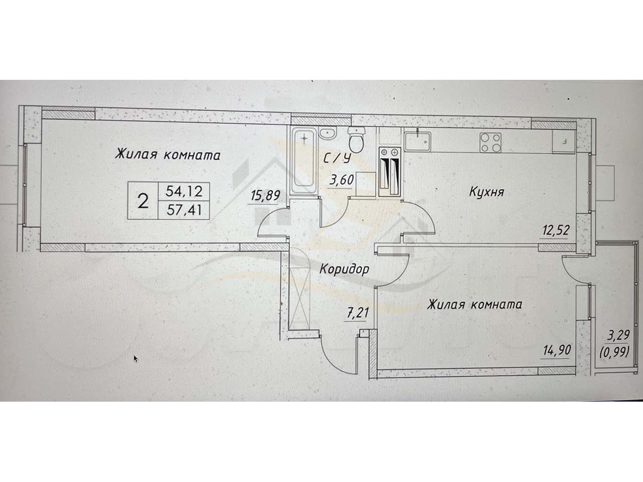 2-х комнатная квартира 57,41 кв. м. в строящемся 14-ти этажном доме ЖК  «Шоколад»